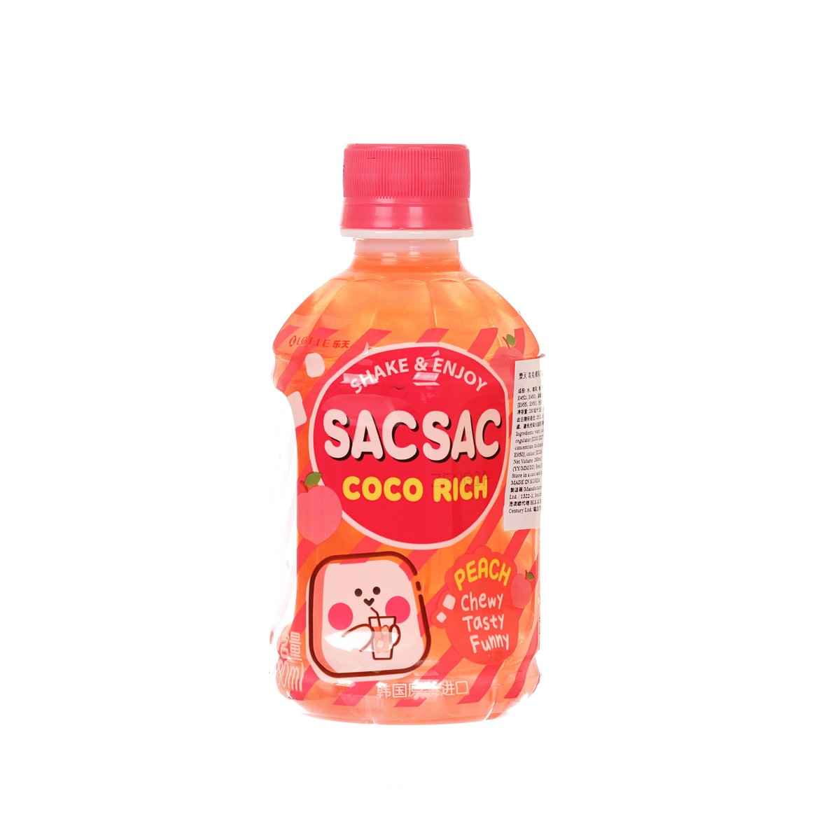 LOTTE Sac Sac Coco Rich peach drink, red PET bottle front with PEACH Chewy Tasty text