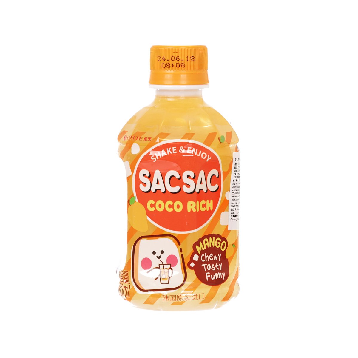 Orange-capped SAC SAC COCO RICH mango drink bottle, front view