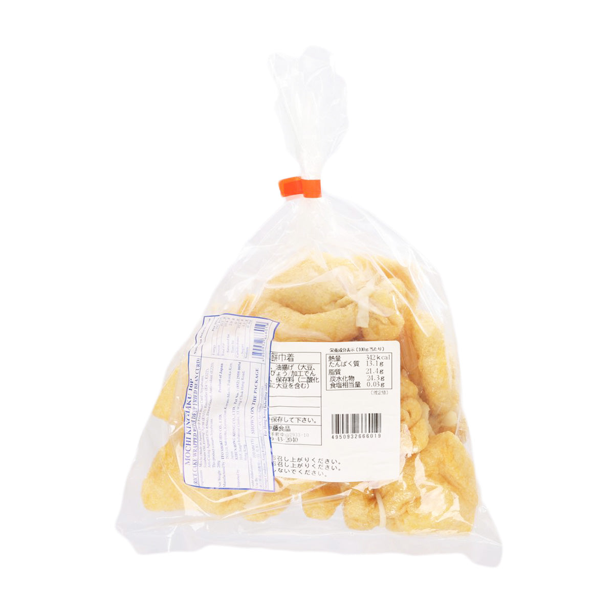Packaged mochi rice cake with deep-fried bean curd, rear label view