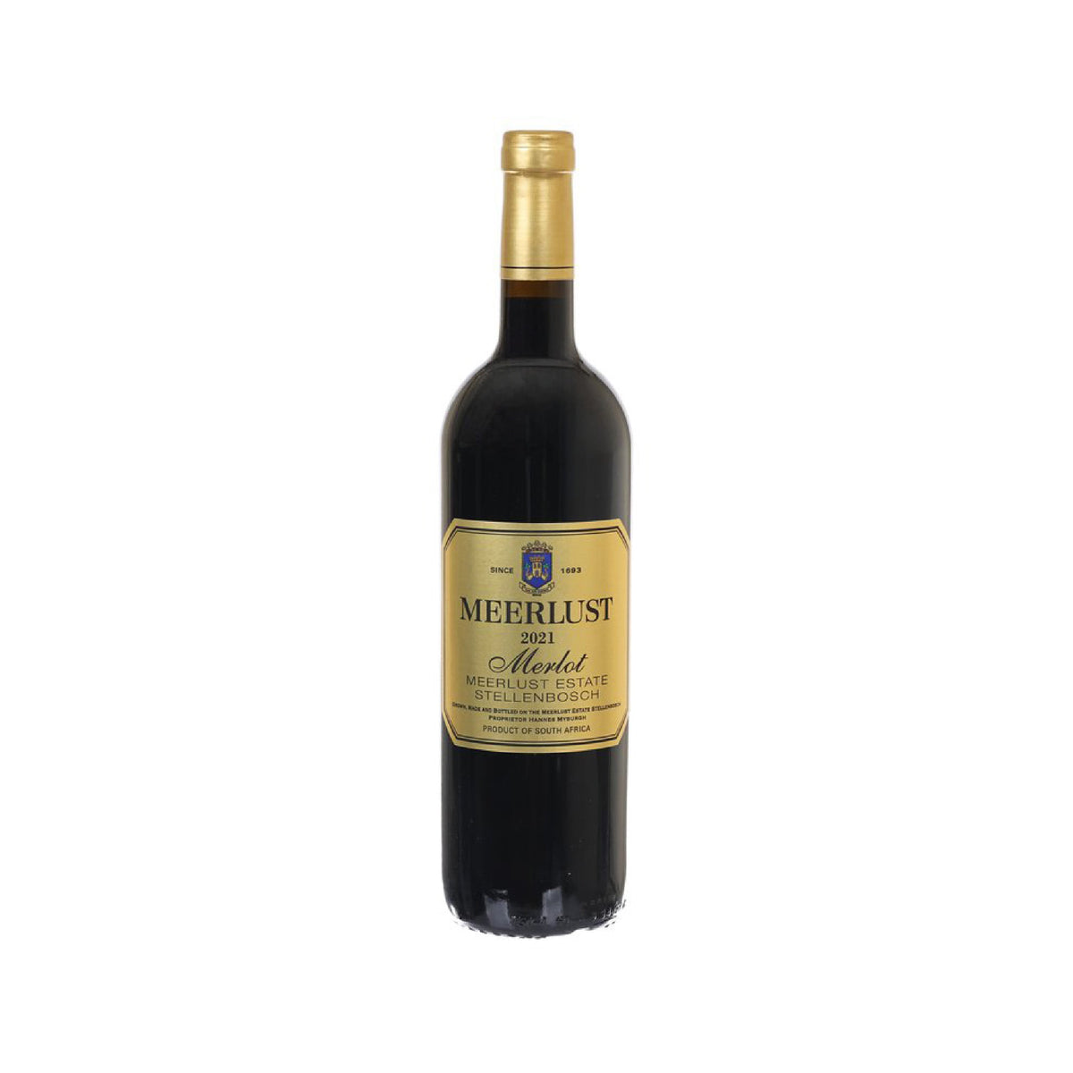 Merlot wine bottle with gold label and foil neck cap