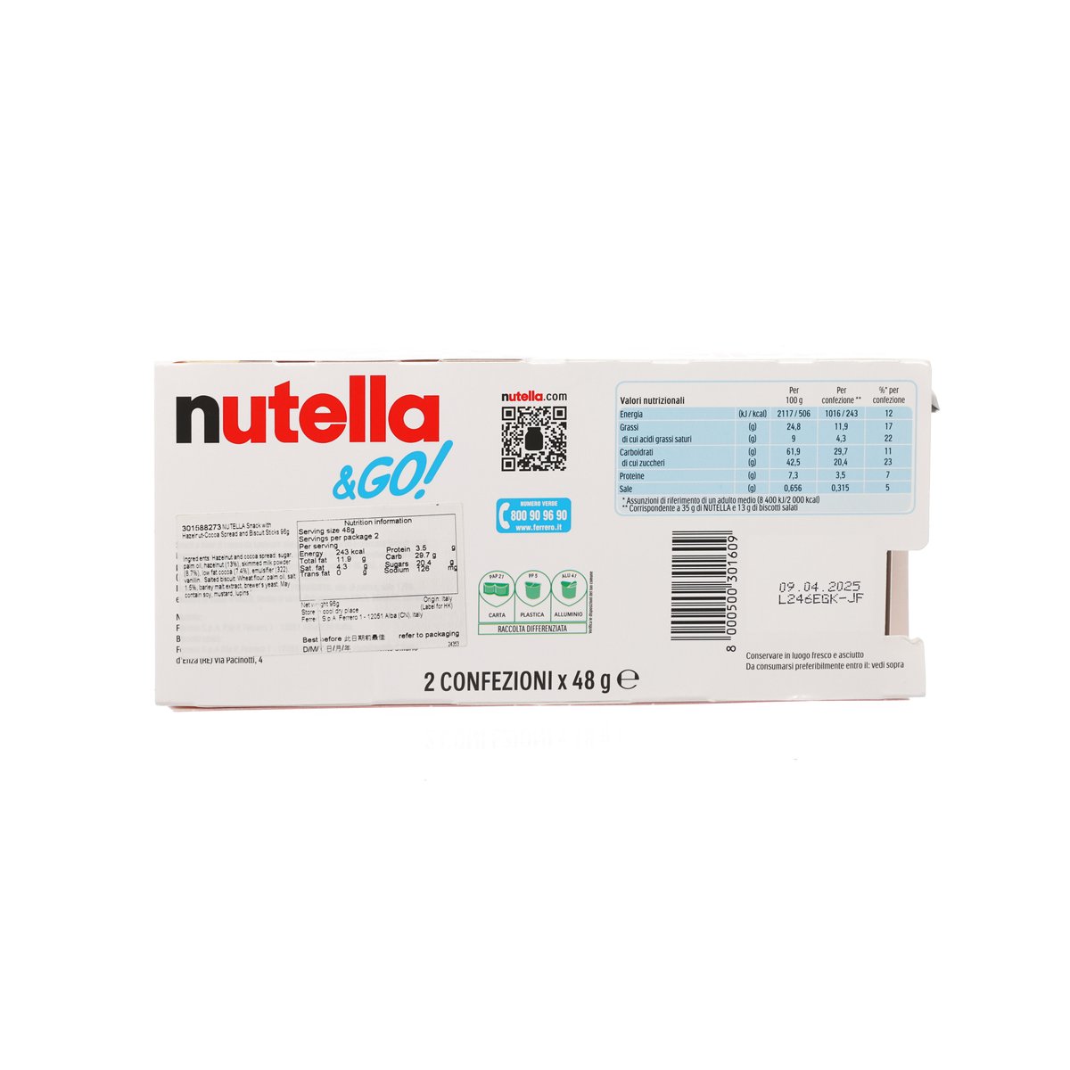 Nutella &Go snack box back with nutrition facts and barcode, 2 x 48 g