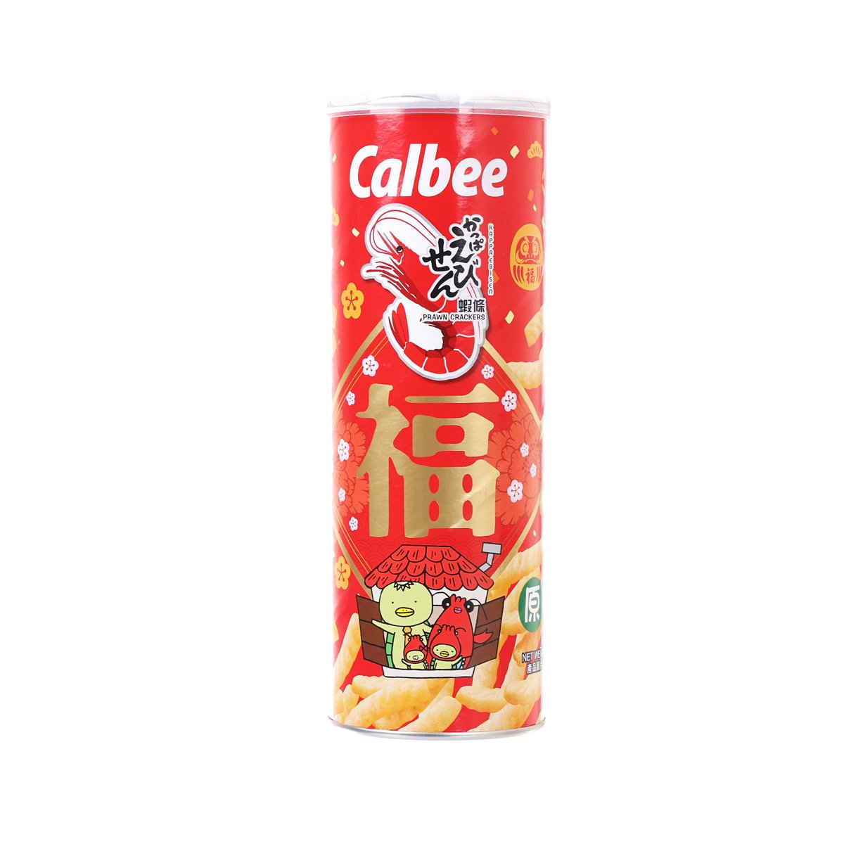 CALBEE prawn crackers canister, Original flavor, red package with snack illustration