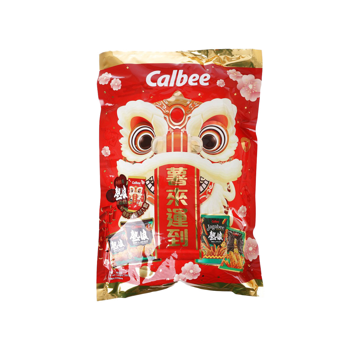 Calbee giant snack pack pouch, red with festive cartoon mask graphics