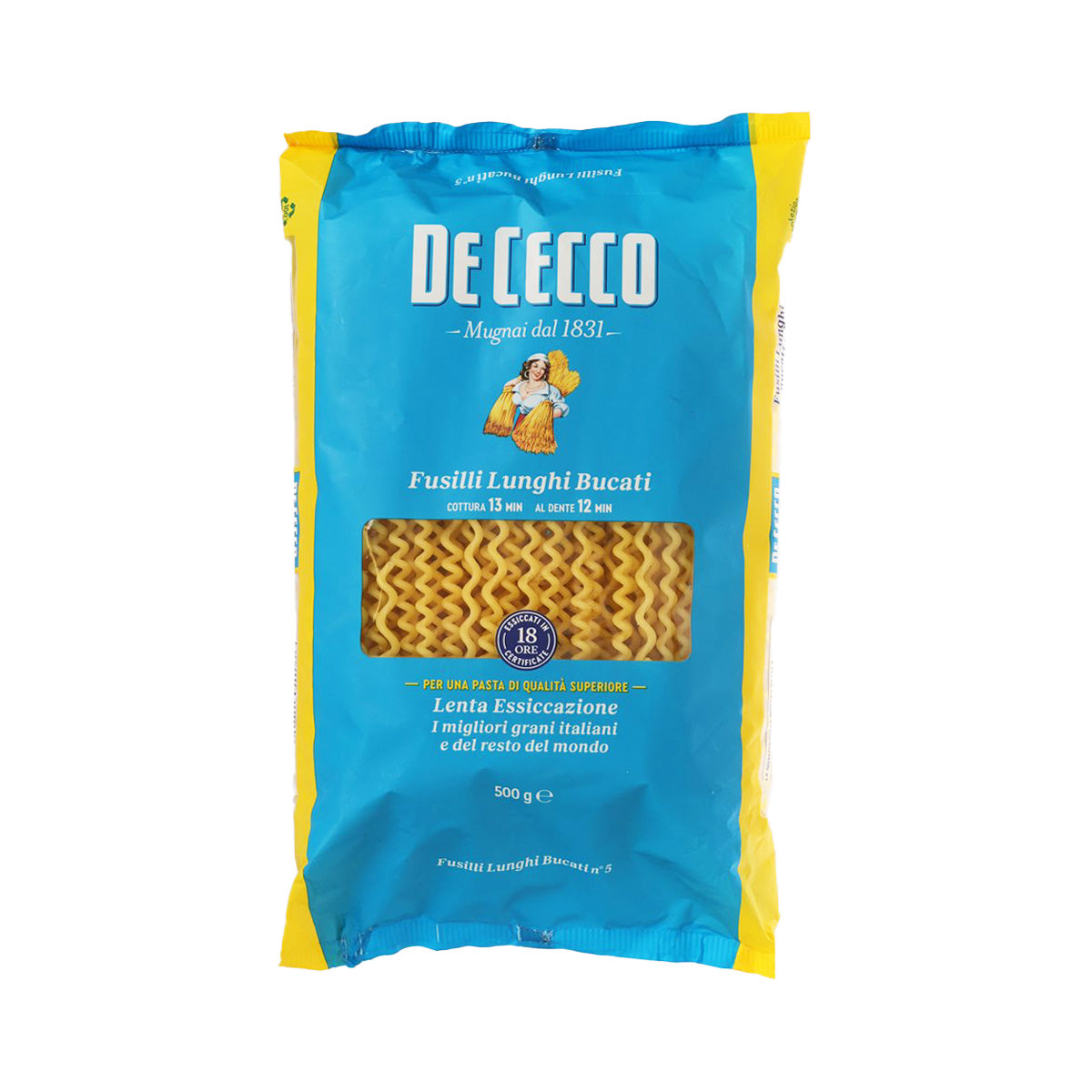 De Cecco fusilli lunghi bucati pasta bag with viewing window, 500 g
