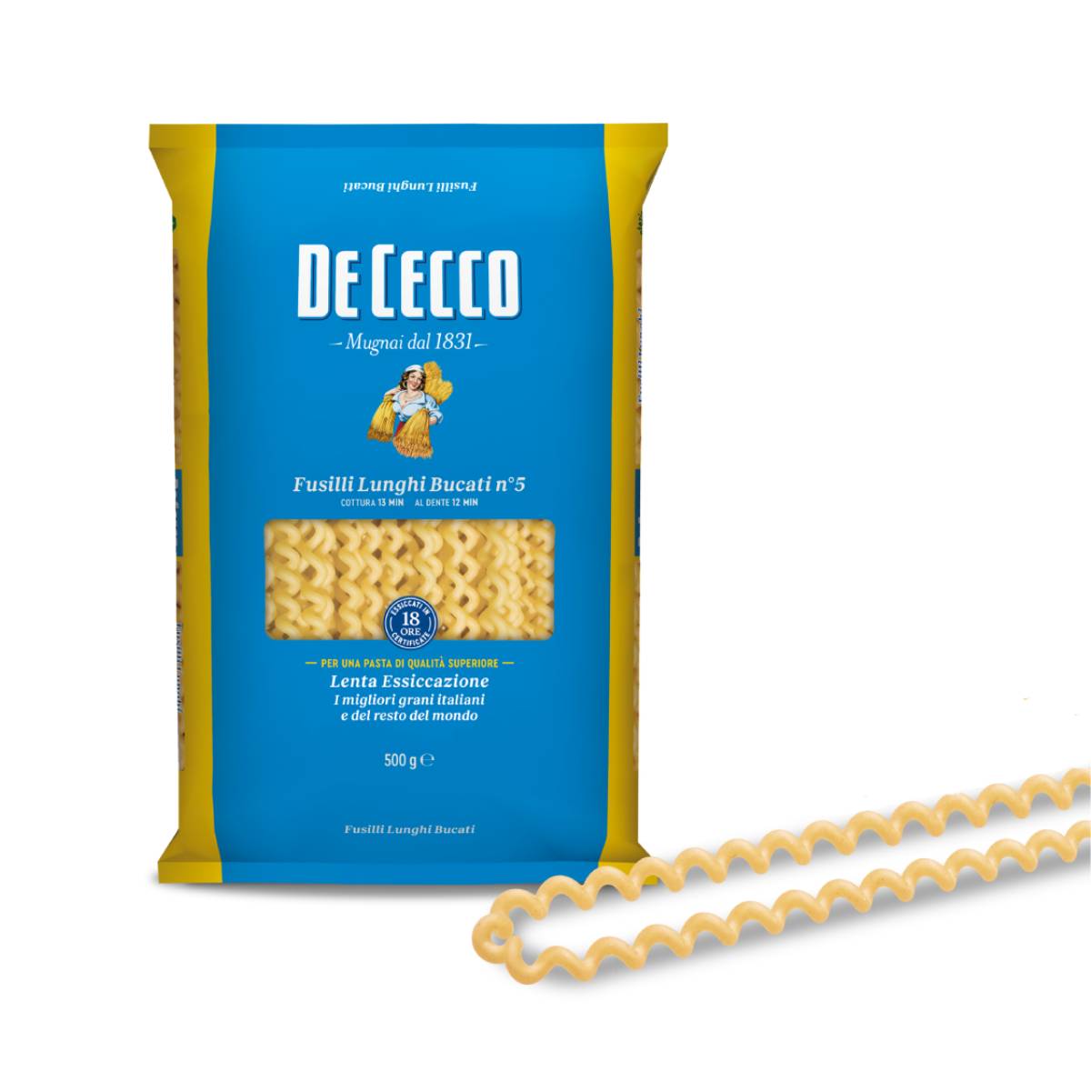 De Cecco fusilli lunghi bucati pasta bag, blue with yellow sides, 500 g