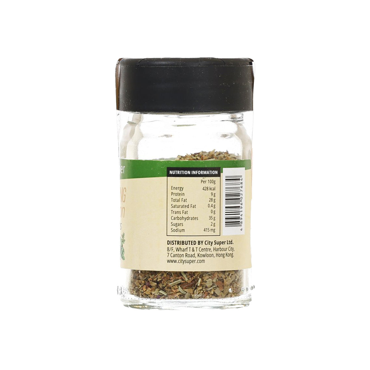 CITYSUPER mixed herbs seasoning jar, back label with nutrition info; clear glass