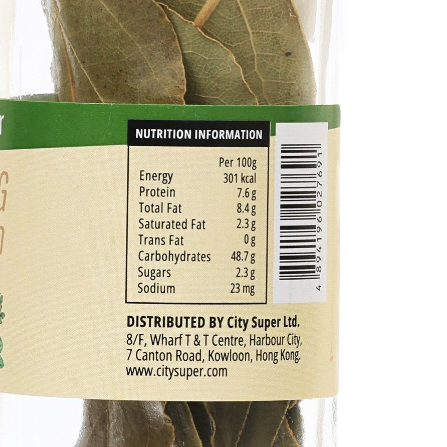 CITYSUPER bay leaves label close-up with nutrition information and barcode