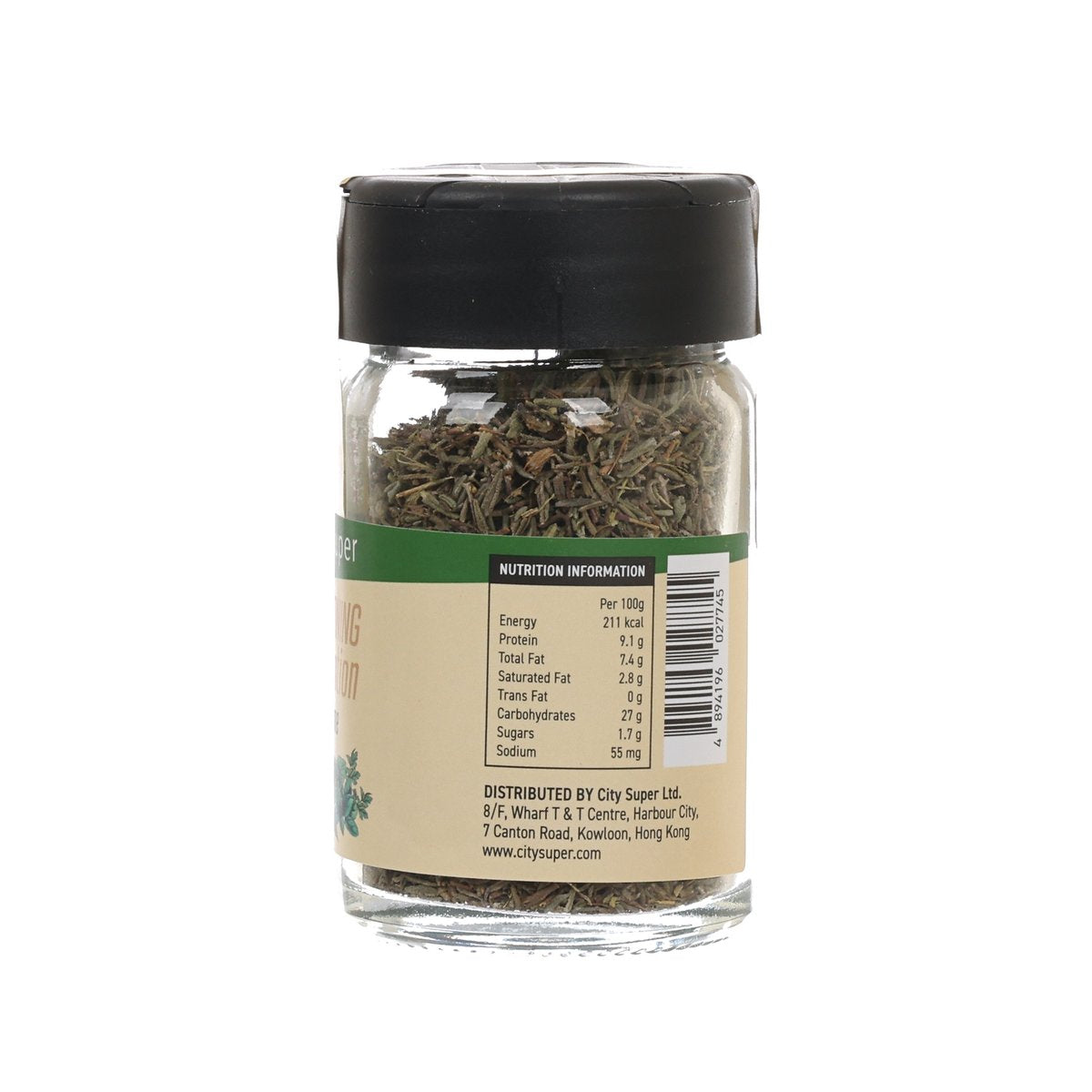 Thyme seasoning bottle with black cap; label shows nutrition information details.