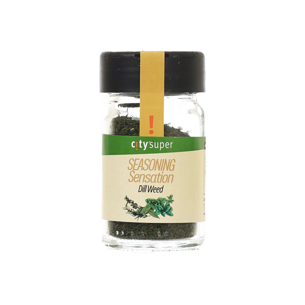 Dill weed seasoning in glass jar with black cap and green label