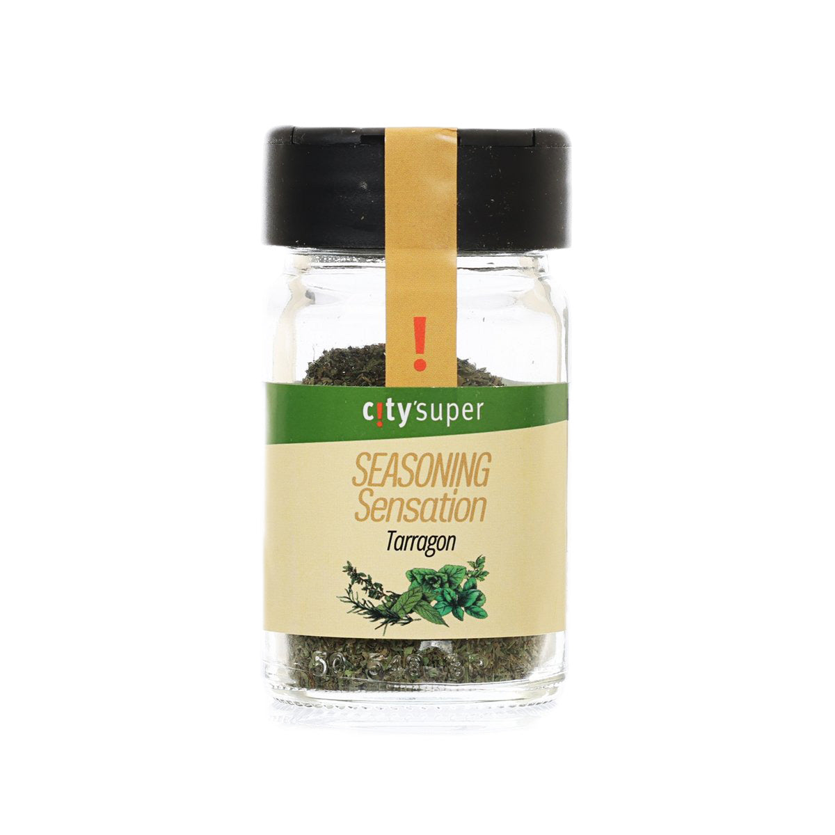 Tarragon seasoning bottle, clear glass jar with black cap and green front label