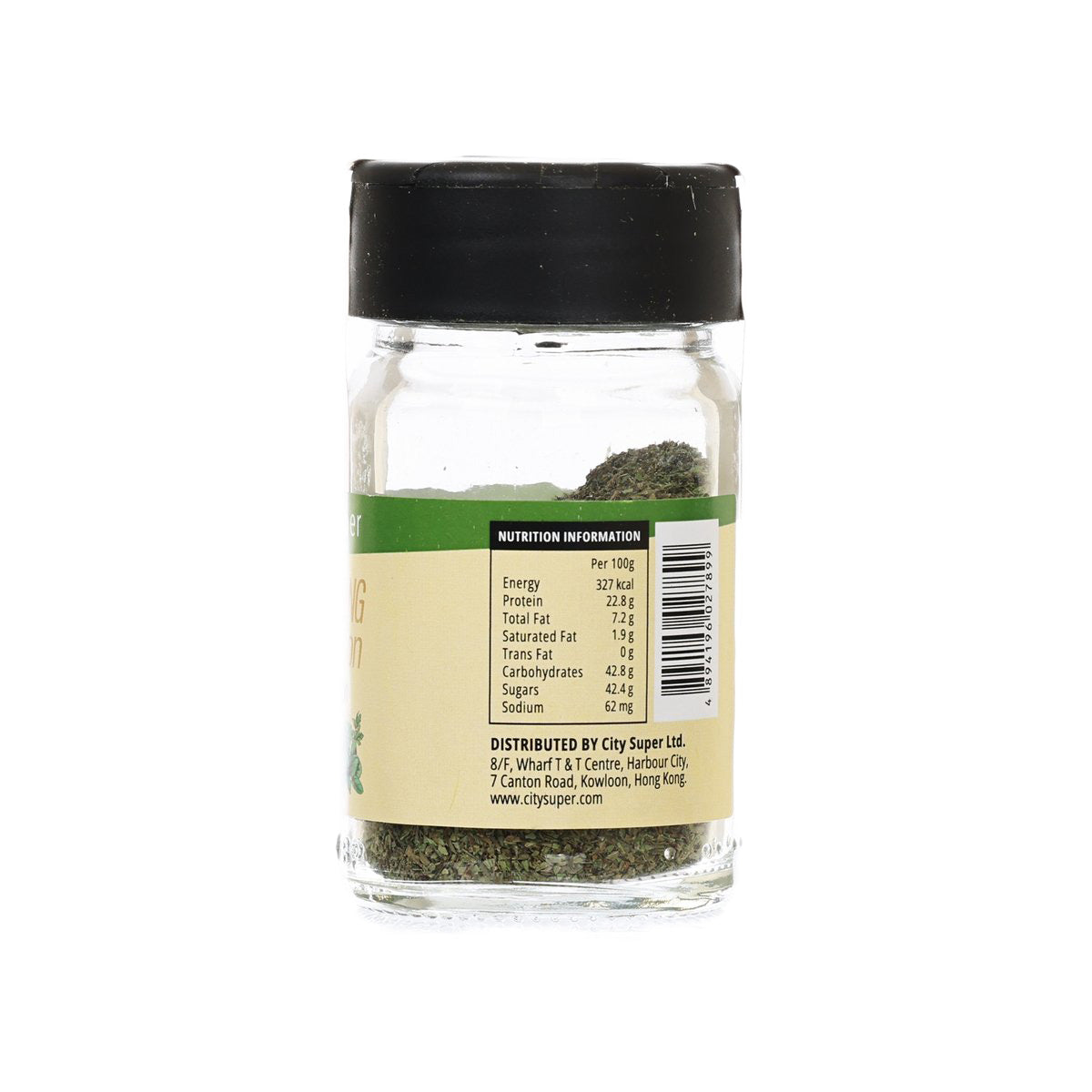 Tarragon seasoning bottle with black cap, side label showing nutrition information