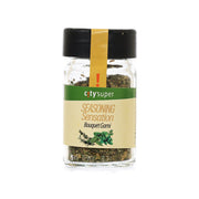 Bouquet garni seasoning jar with black lid and front label, dried herb blend inside