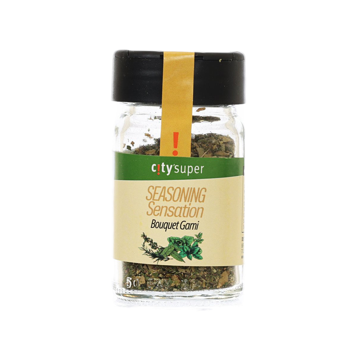 Bouquet garni seasoning jar with black lid and front label, dried herb blend inside