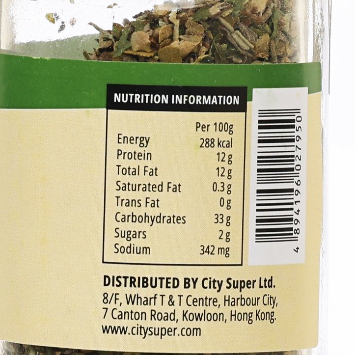 Close-up of nutrition information panel on bouquet garni seasoning jar label