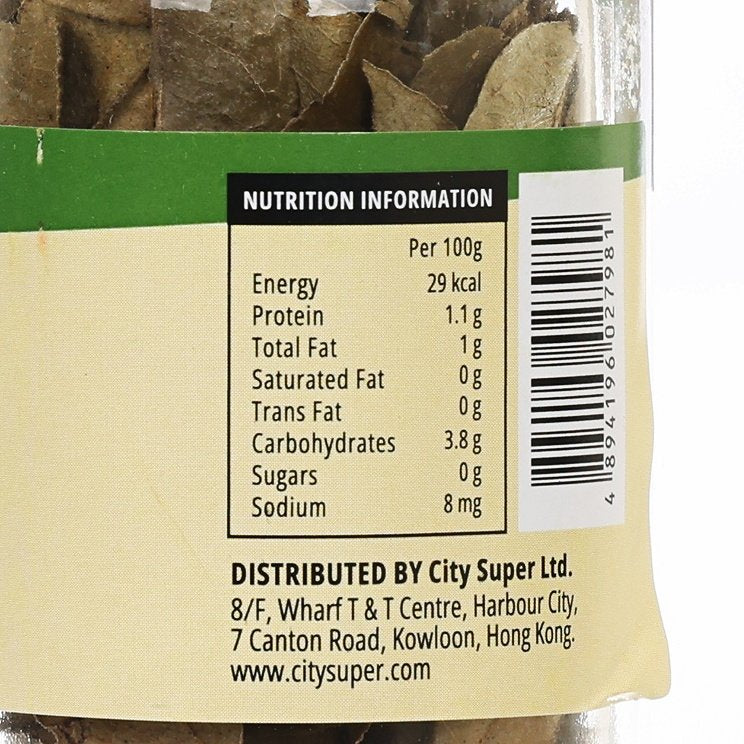 Nutrition information label for curry leaves seasoning per 100 g