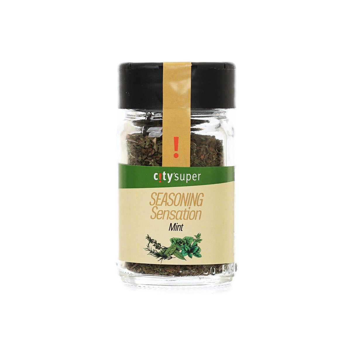 Mint seasoning jar with black cap, glass container and green front label