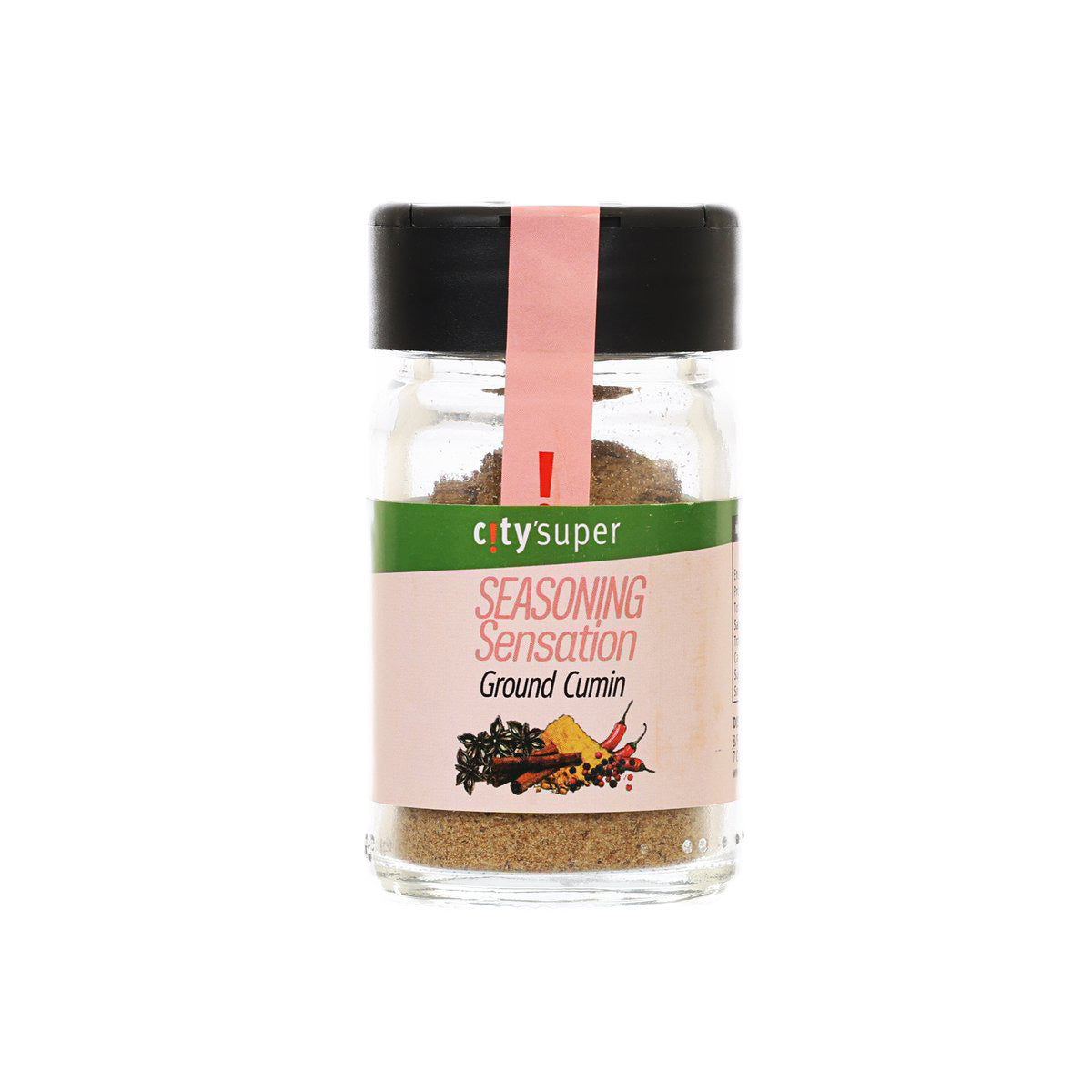 Ground cumin spice jar, 25g, black cap, glass container with brown ground spice