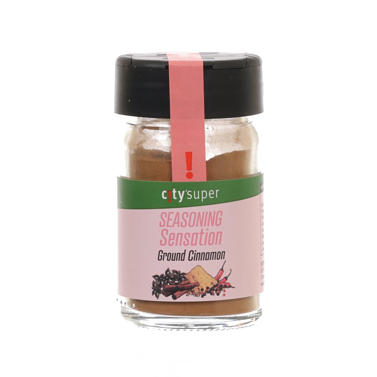 Ground cinnamon seasoning jar with black cap and brown powder in clear glass