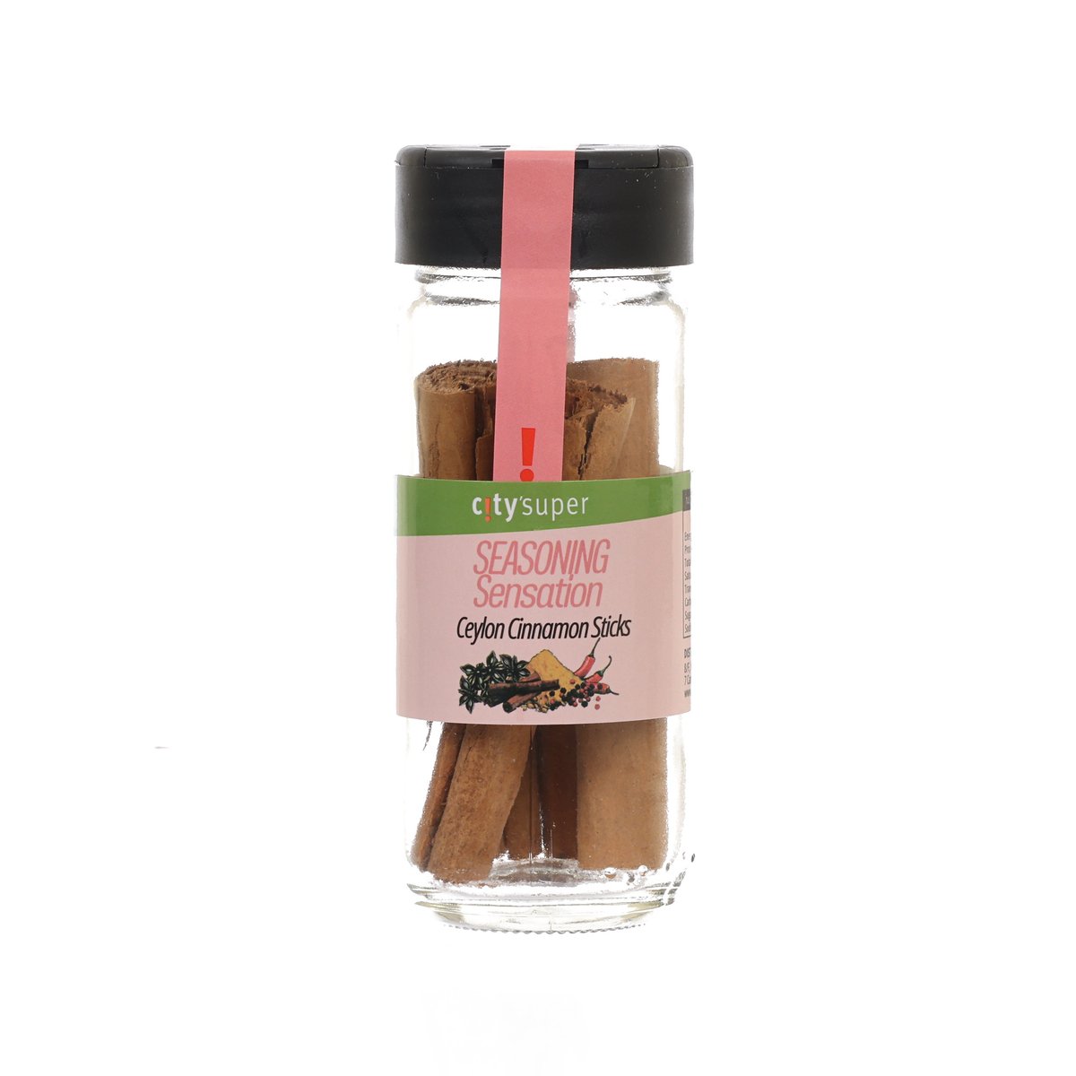 Glass bottle of Ceylon cinnamon sticks with black cap and pink/green label