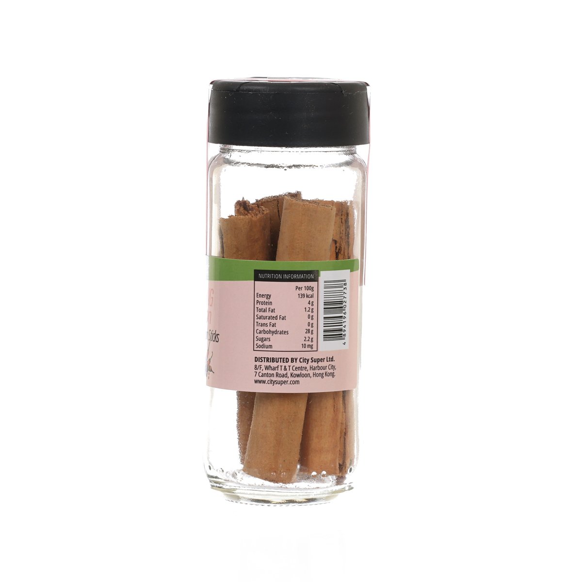 Glass bottle of Ceylon cinnamon sticks with black lid, barcode on back label