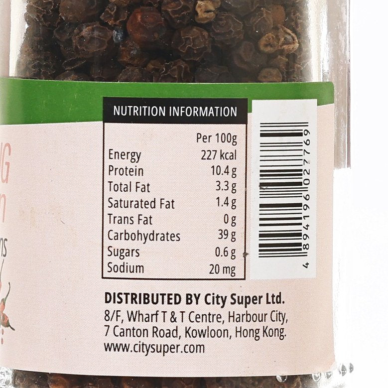 Black peppercorn nutrition information label on CITYSUPER jar