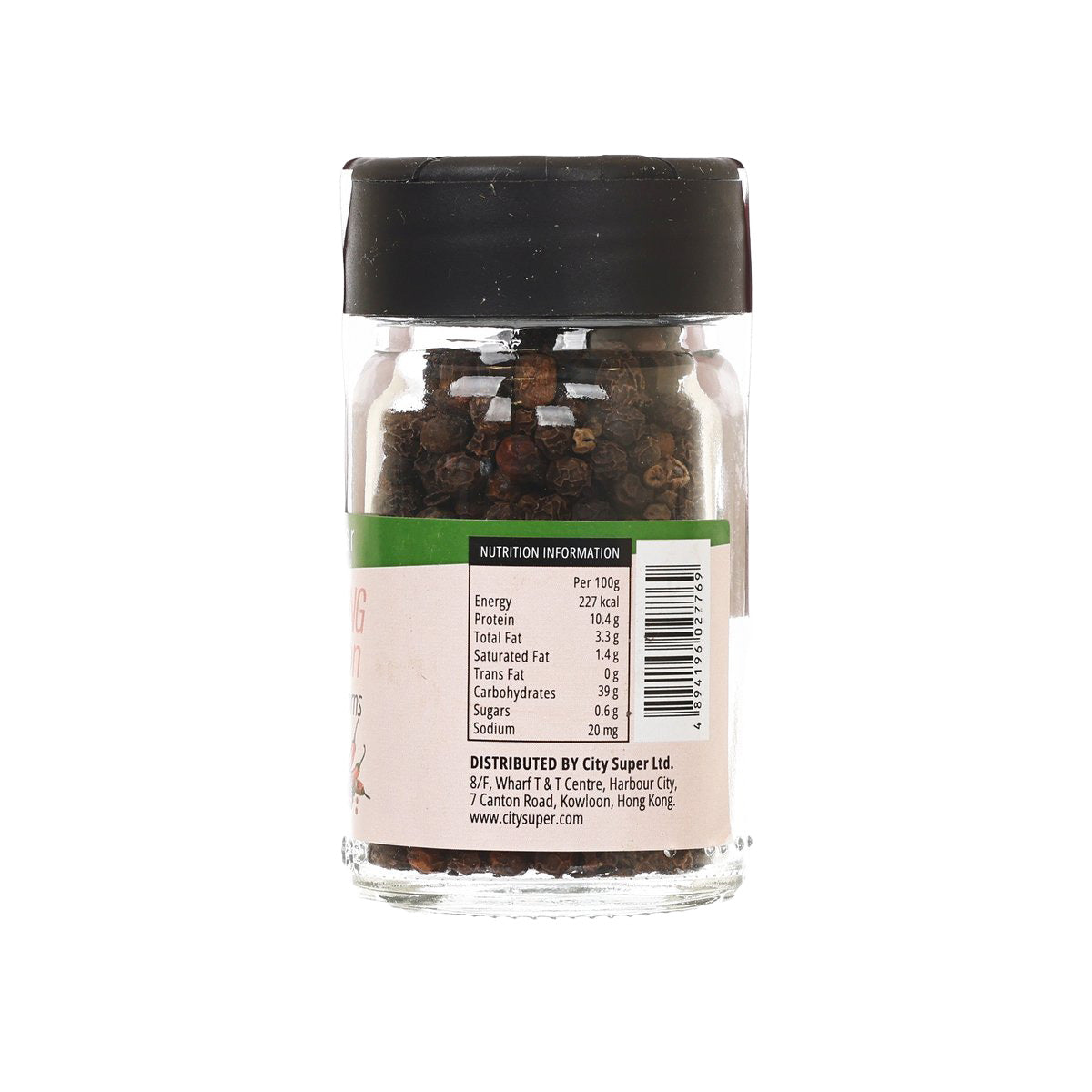 CITYSUPER black peppercorns jar with back label and nutrition facts panel