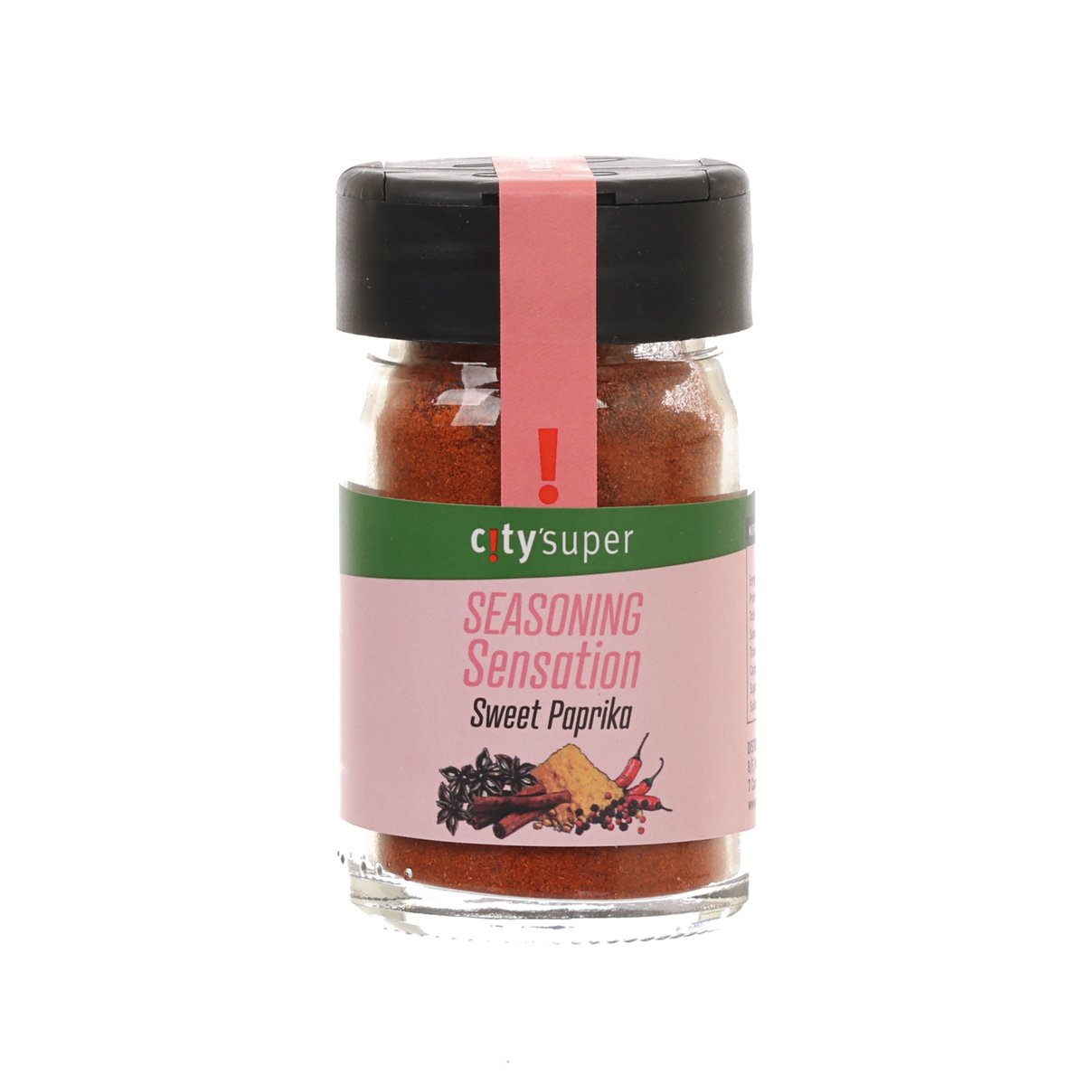 Sweet paprika seasoning jar with black lid and red-brown ground spice