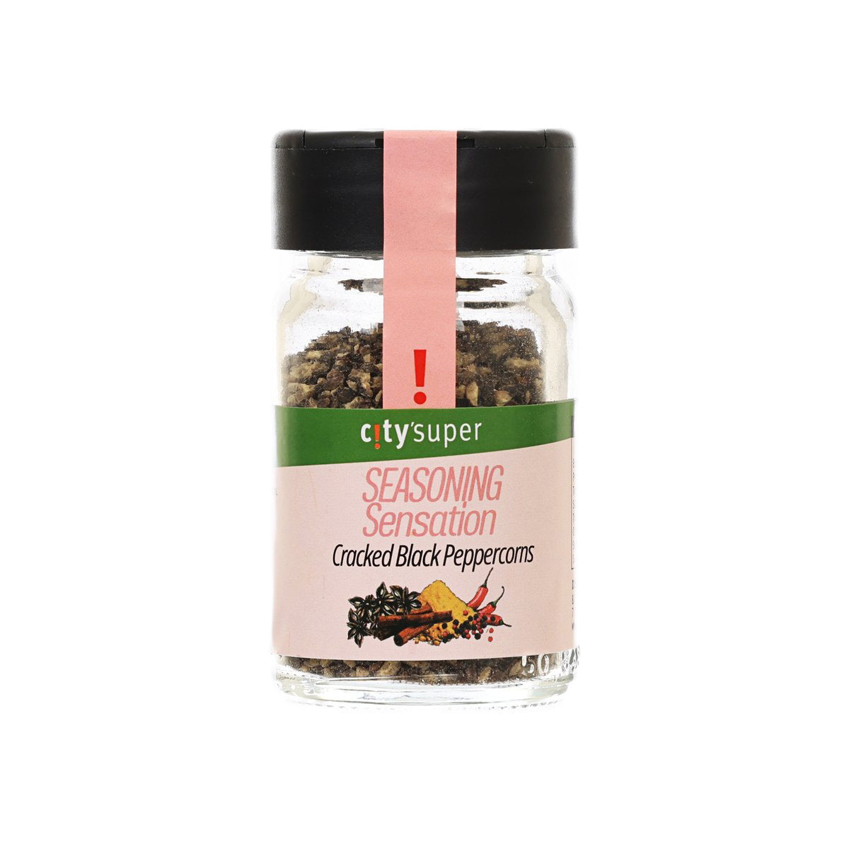 Cracked black peppercorns jar with black lid and front seasoning label
