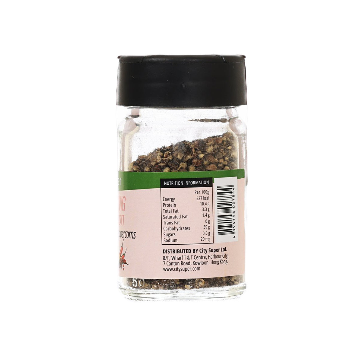 Cracked peppercorns jar showing nutrition information label