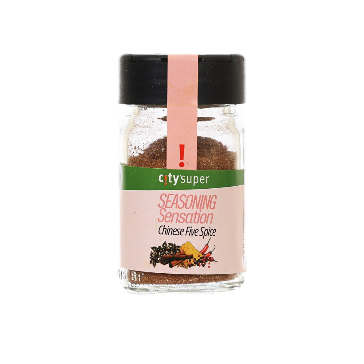 Chinese five spice seasoning jar with black cap, front label and spice blend