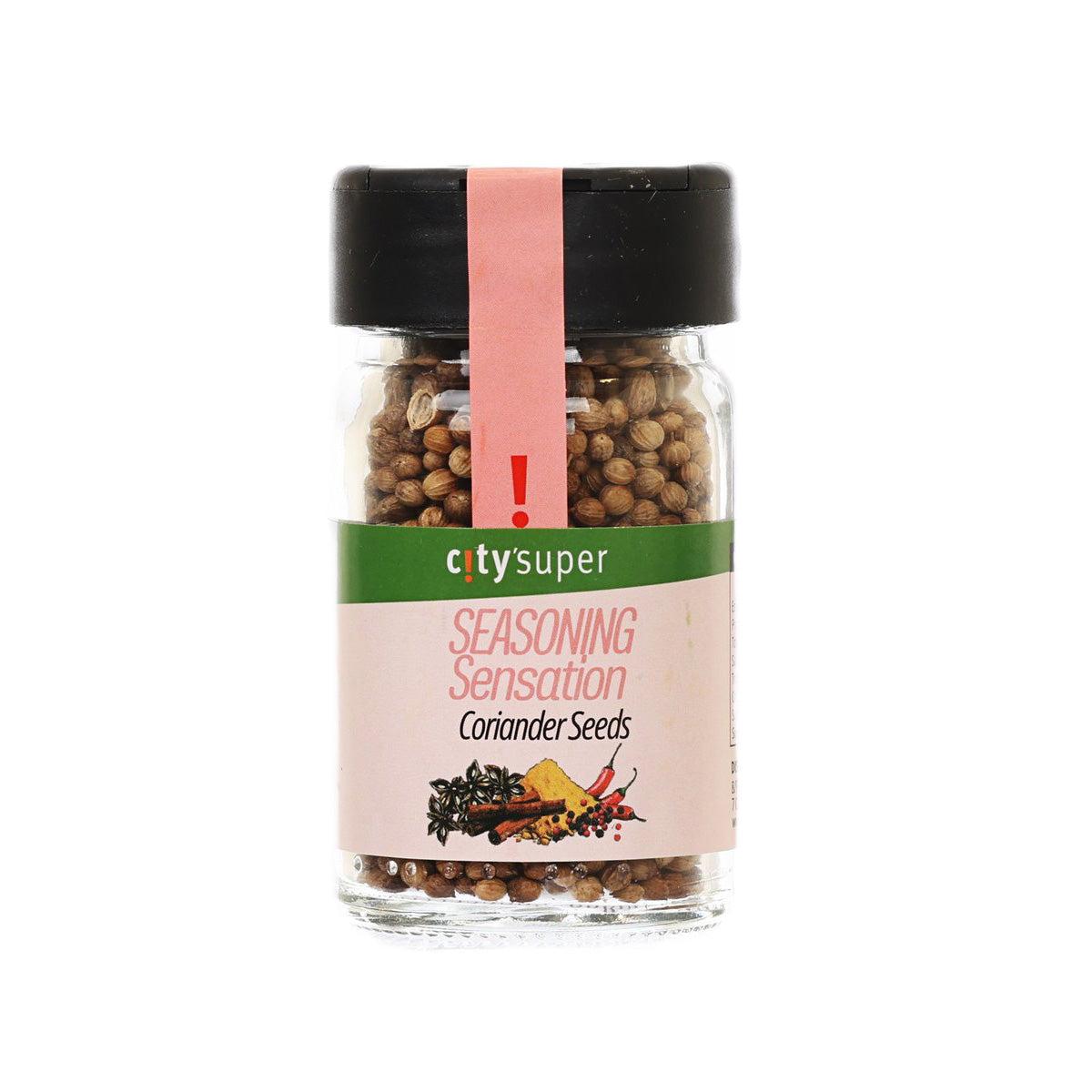 Coriander seeds jar with black cap, clear glass, and green seasoning label