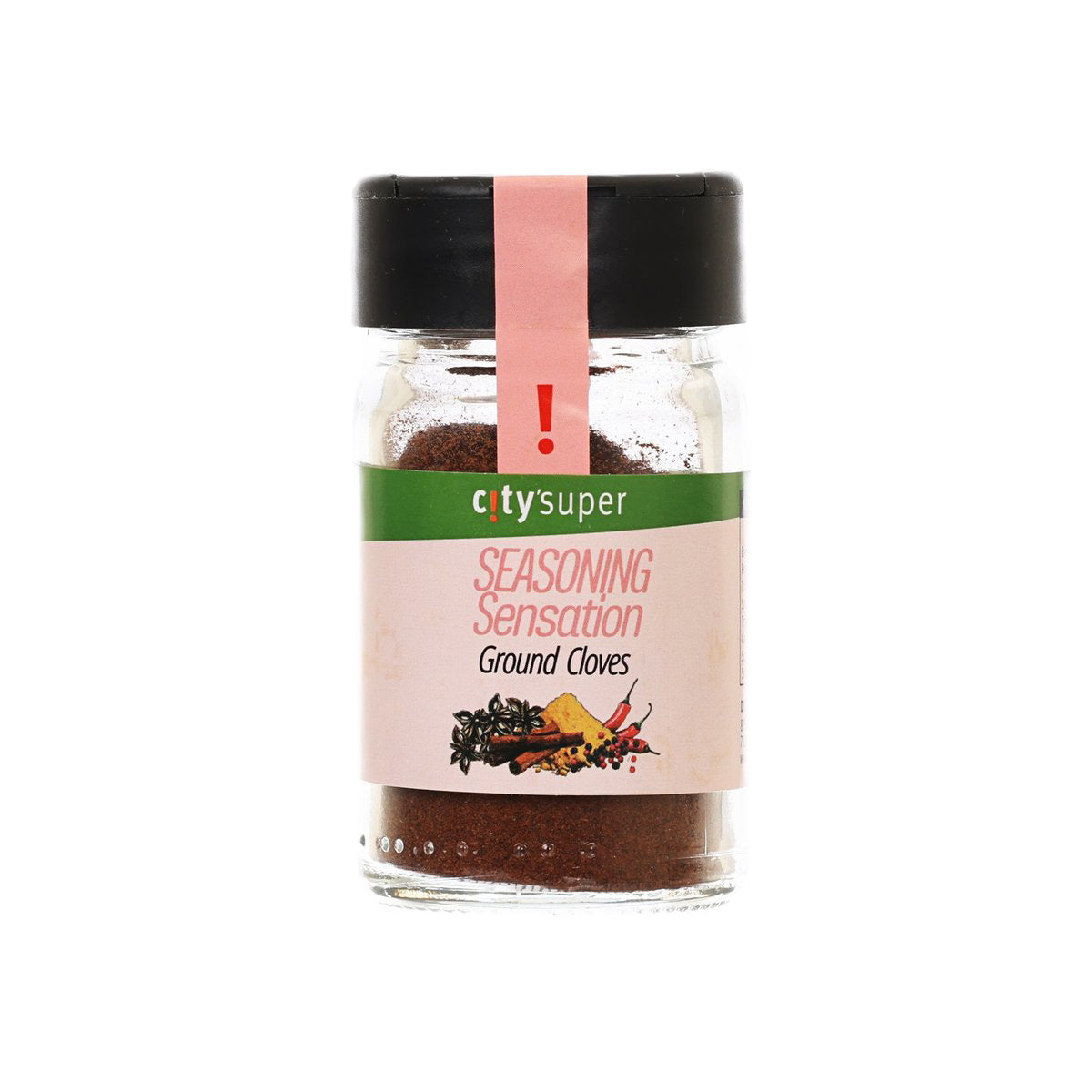Ground cloves seasoning jar, dark brown ground spice in clear glass bottle.