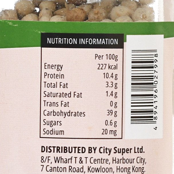 Nutrition information label on CITYSUPER white peppercorns jar