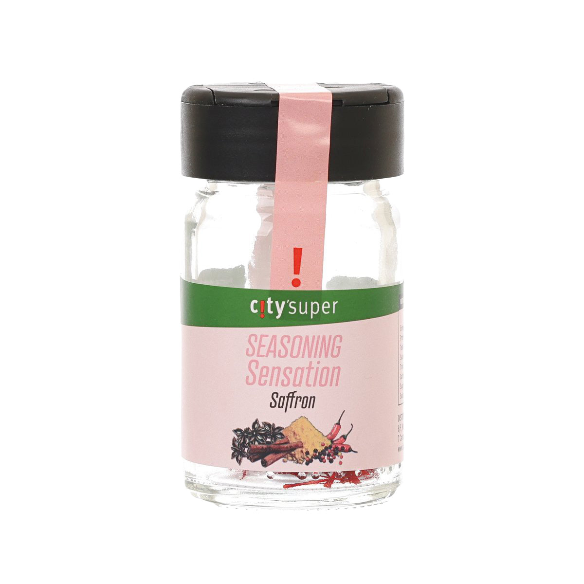Saffron seasoning jar with black cap, clear glass bottle and pink label