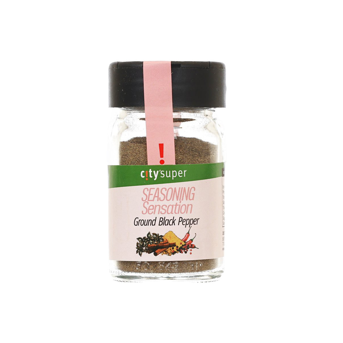 Ground black pepper seasoning in a clear glass jar with black lid and green label