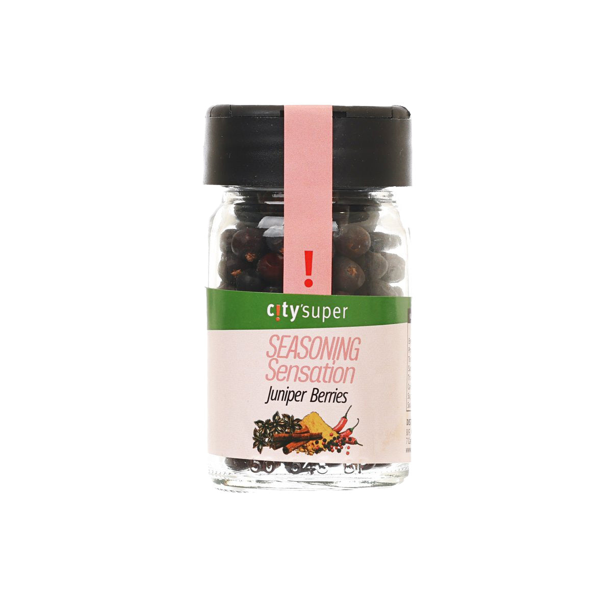 Juniper berries seasoning jar, glass bottle with black cap and front label