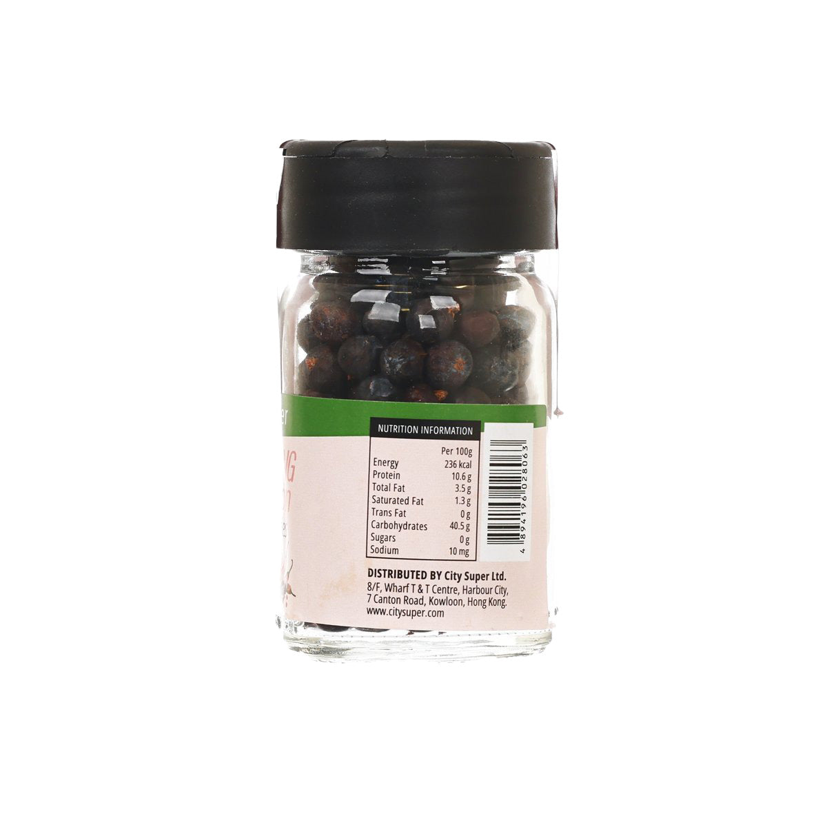 Juniper berries seasoning jar, glass bottle with black cap and back nutrition panel