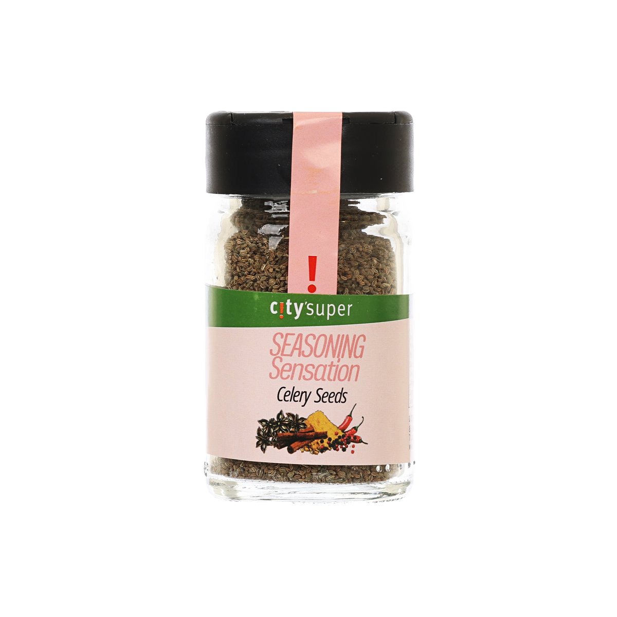 Celery seeds jar with black cap and green seasoning label