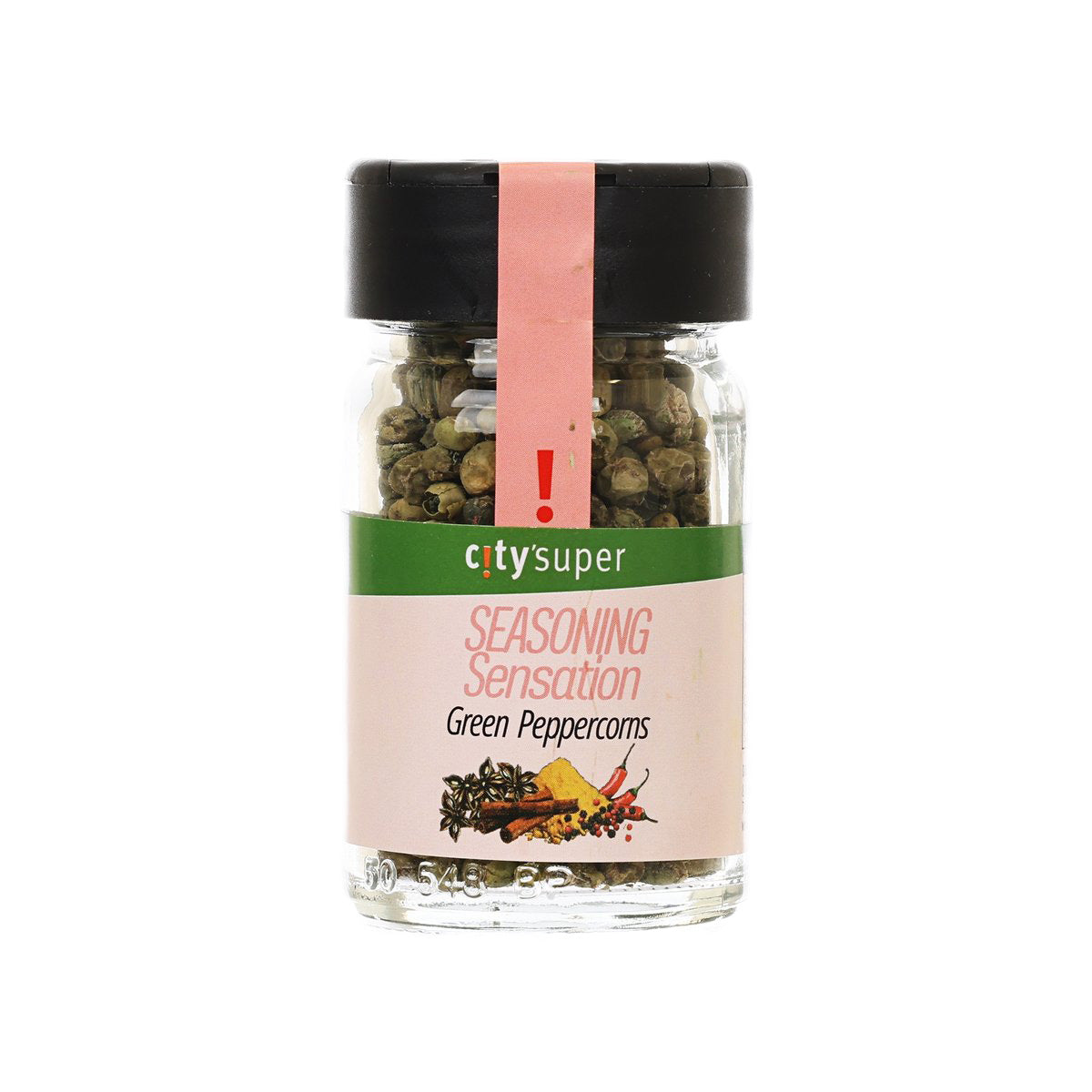 CITYSUPER green peppercorn seasoning in clear glass jar with black screw lid