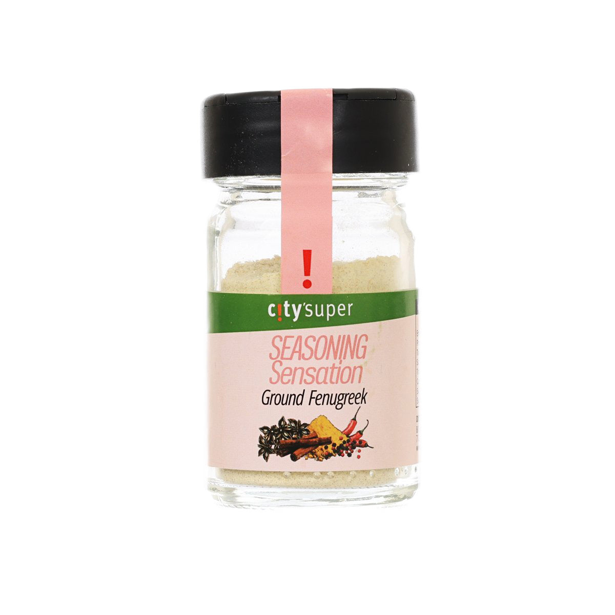 Ground fenugreek jar, black cap, beige label, 28 g