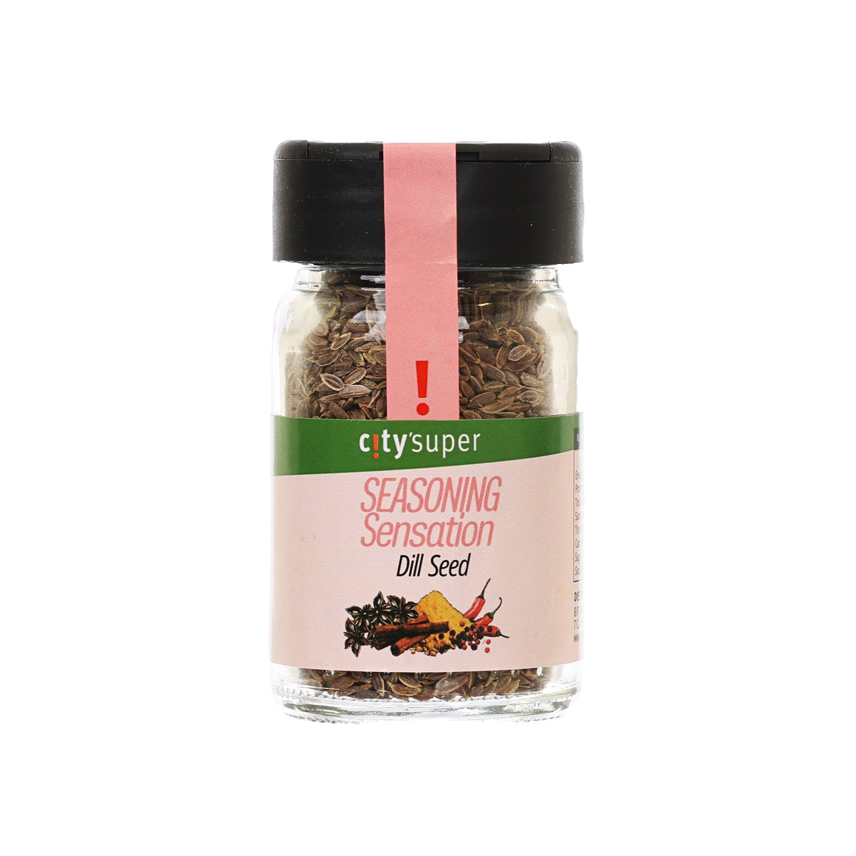 Dill seed seasoning jar with black cap and front label
