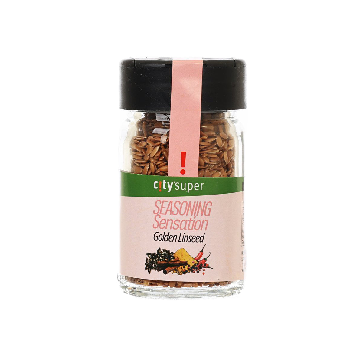 Golden linseed seasoning jar with black lid and pink front label, 38g
