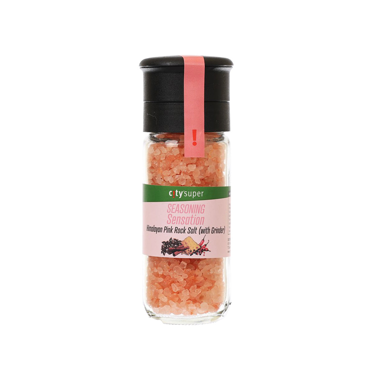 Himalayan pink rock salt grinder bottle with black cap and glass jar