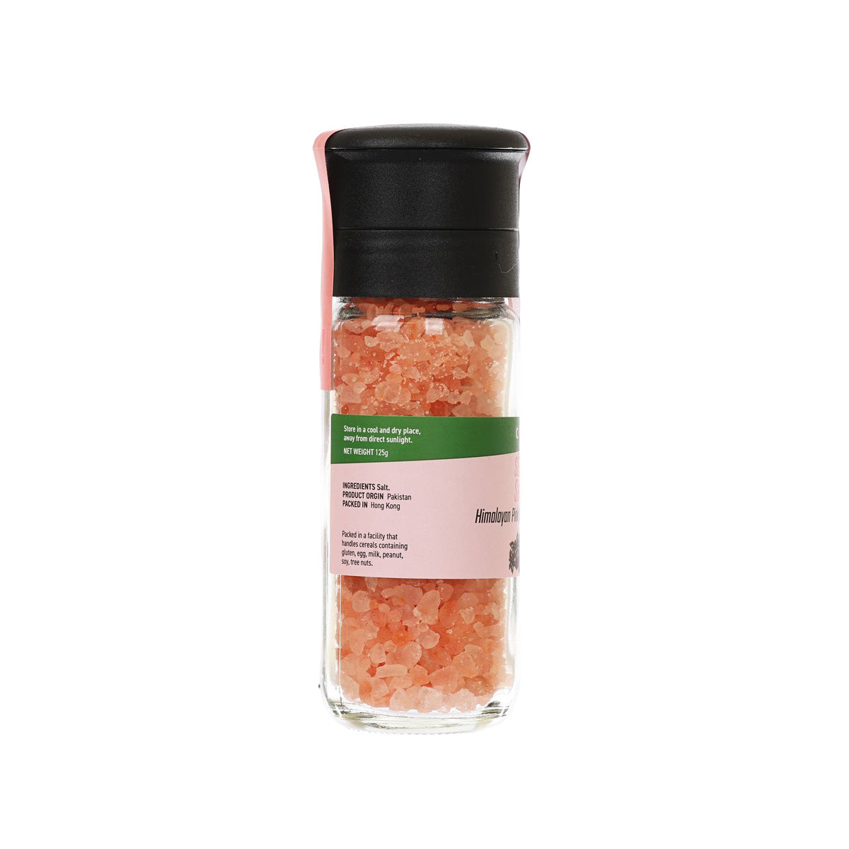 Himalayan pink rock salt grinder bottle with back label on glass jar