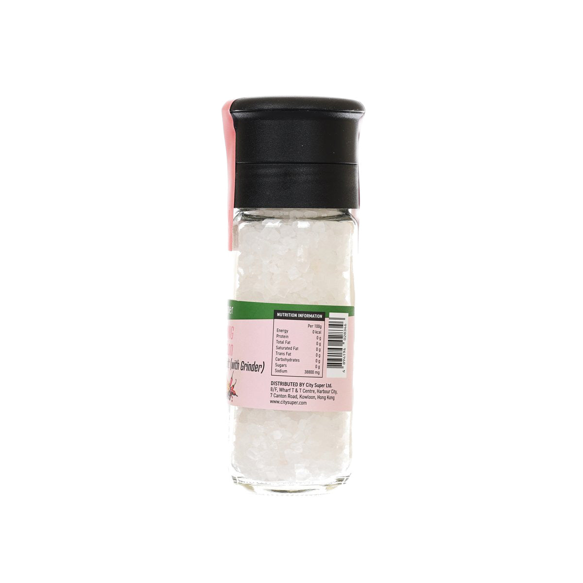 CITYSUPER Himalayan white rock salt grinder, label side on clear glass jar