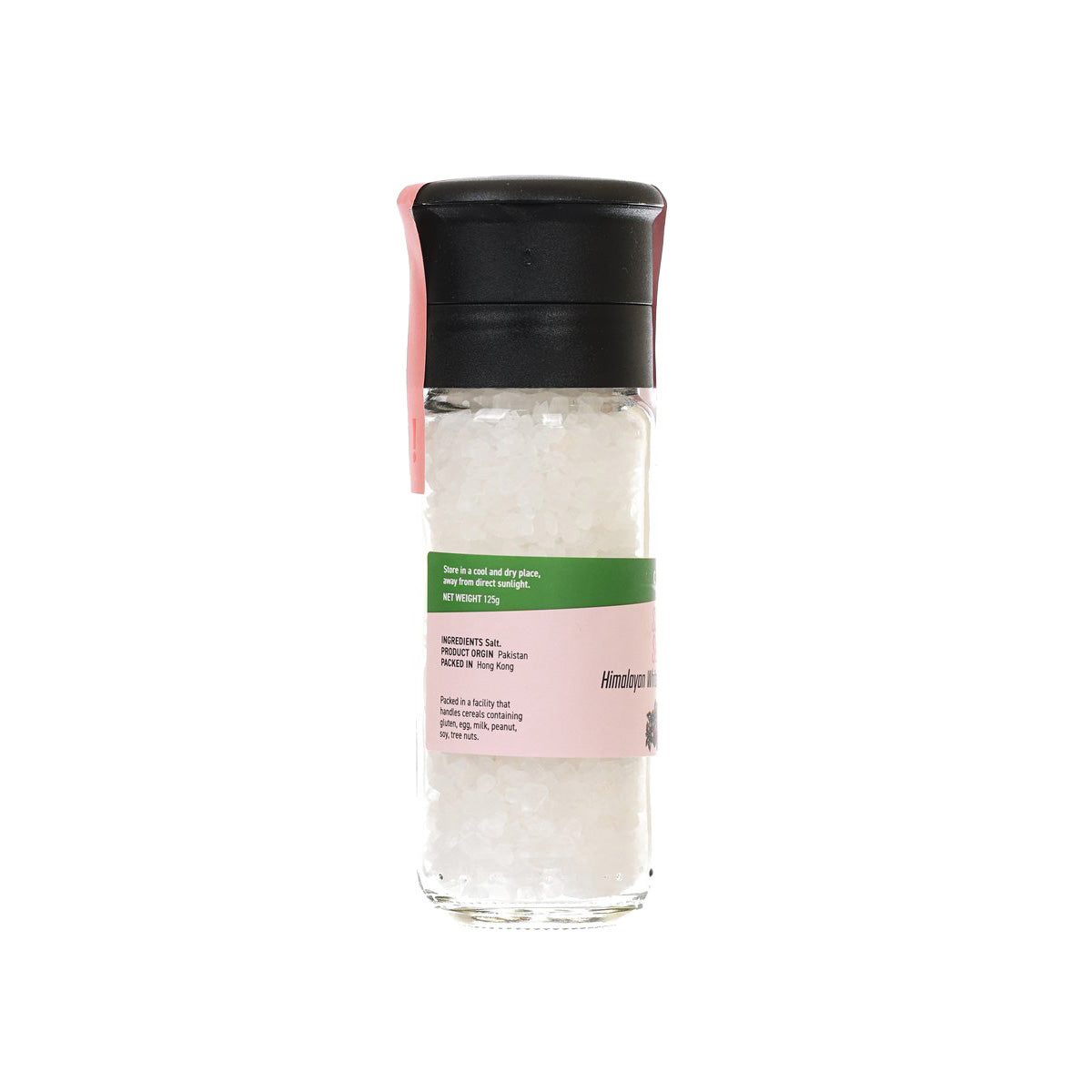 CITYSUPER Himalayan white rock salt grinder, front label on clear glass jar