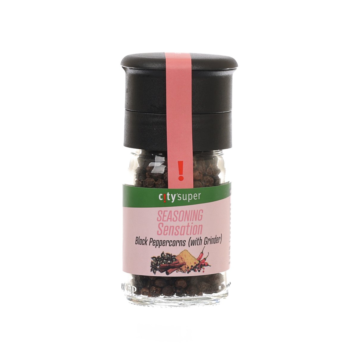 CITYSUPER black peppercorns with grinder; clear jar with black cap and red label