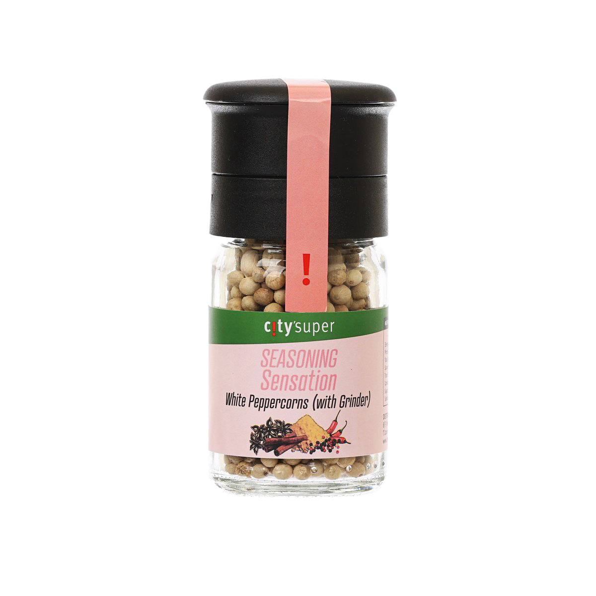White peppercorn grinder jar with black cap, clear body, and visible peppercorns