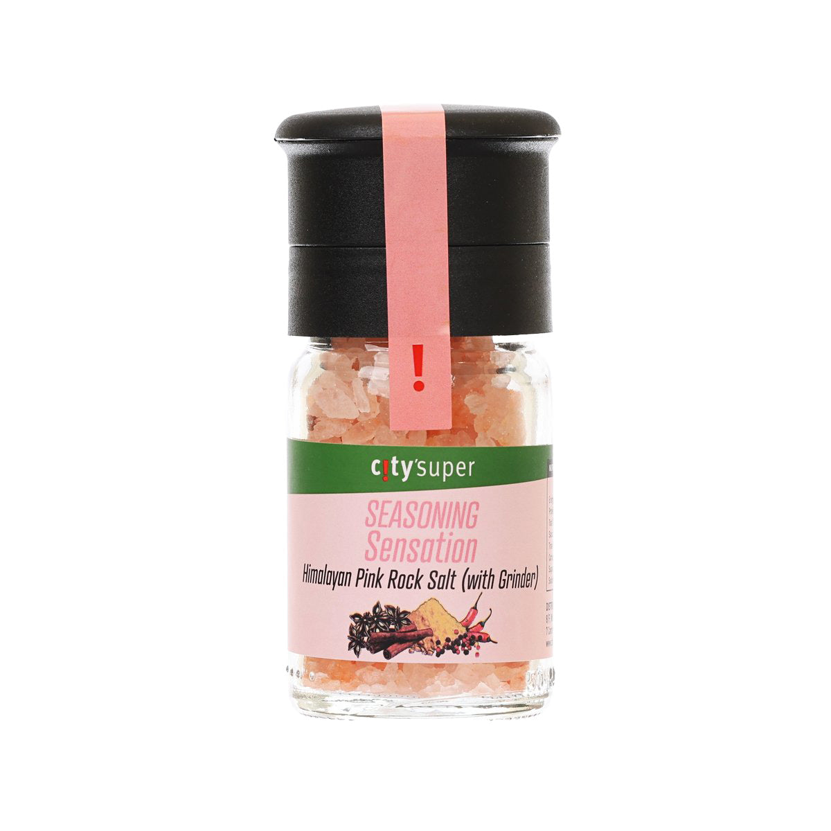 Pink Himalayan rock salt grinder jar with black top and visible salt crystals