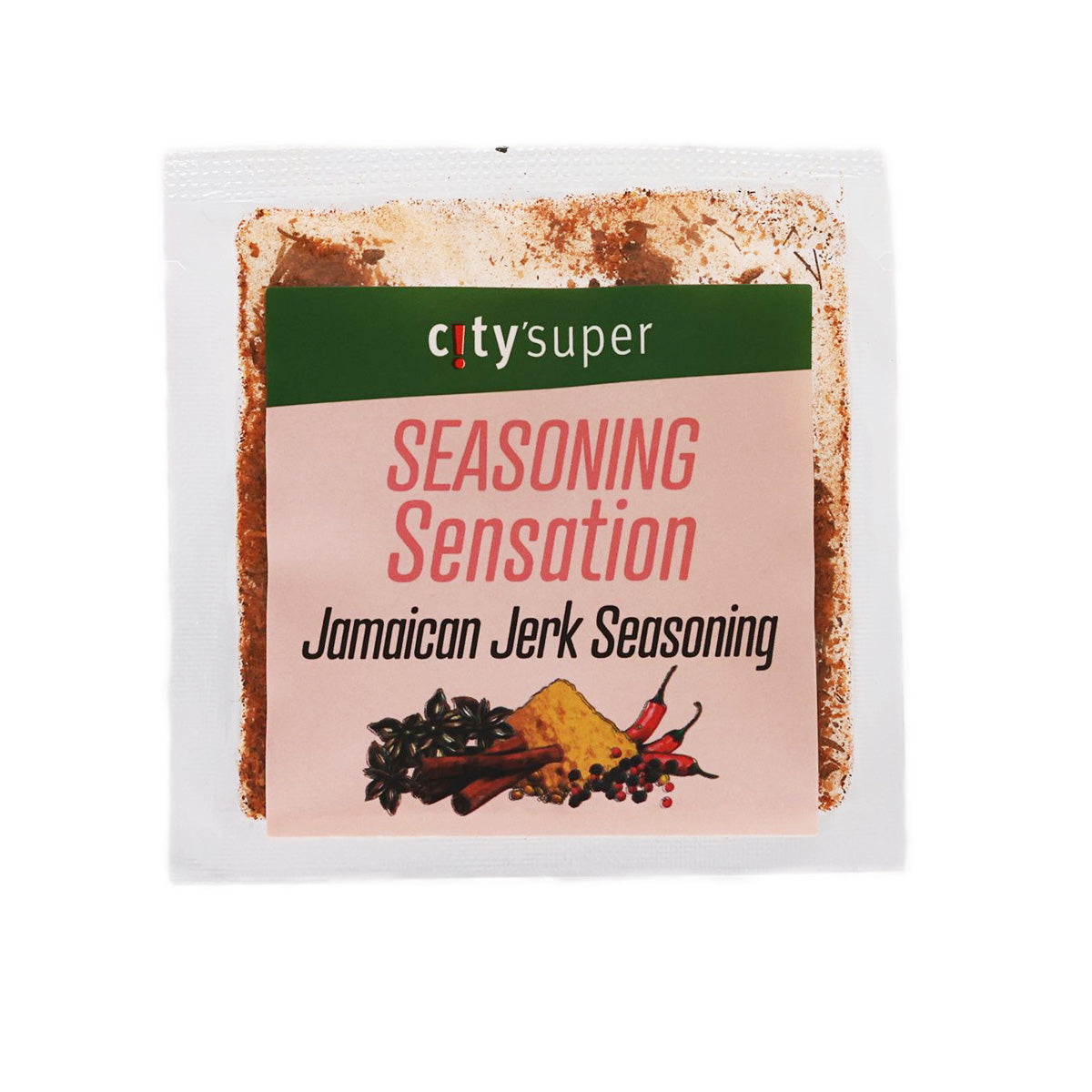 CITYSUPER Jamaican jerk seasoning sachet, front label with spice illustrations